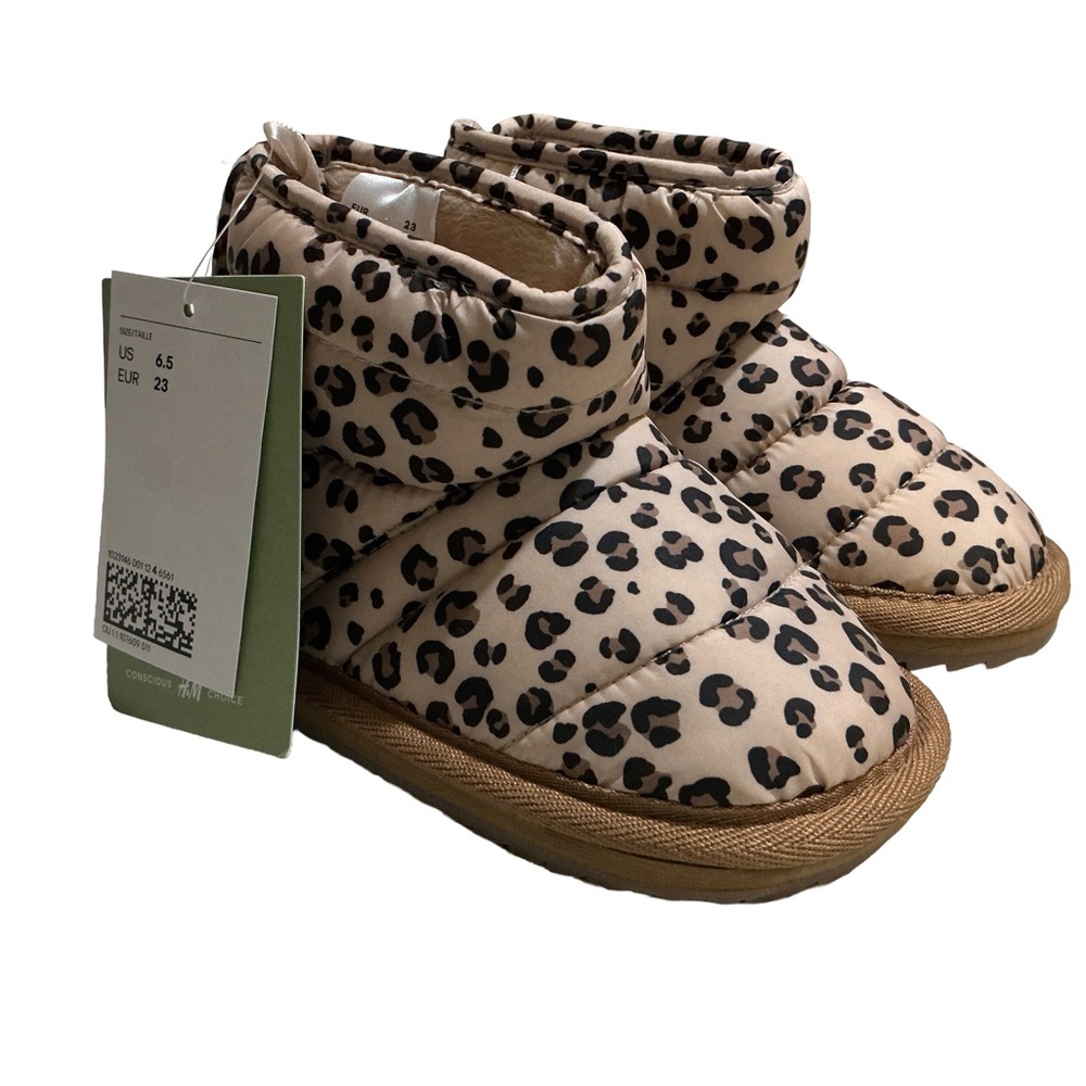 NWT H&M Kids Quilted Padded Faux Fur Boots - Size 6.5 - Leopard Print